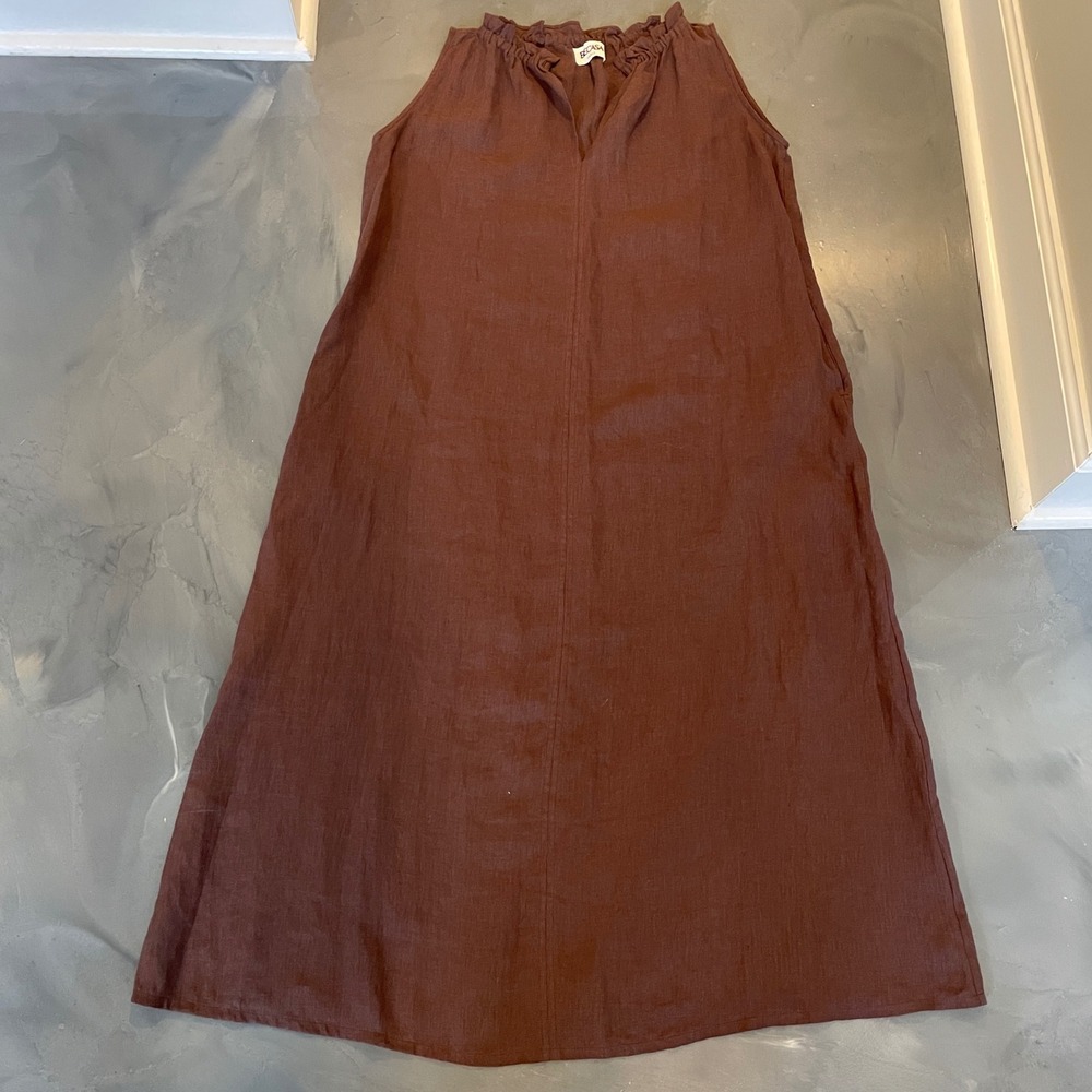 Becasa Brown European Washed Linen Ruffle Neck Maxi Dress S Lagenlook Pockets